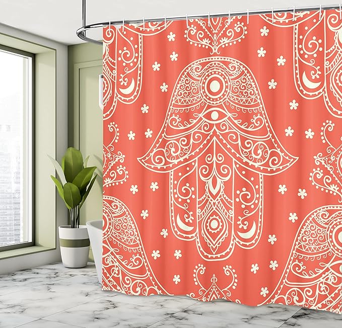 Ambesonne Hamsa Shower Curtain, Egyptian Boho Hamsa Hand Pattern with Eye Design Bridal Night Inspired Art, Cloth Fabric Bathroom Decor Set with Hooks, 69" W x 70" L, White Coral