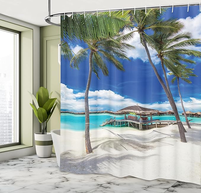 Ambesonne Beach Shower Curtain, Empty Hammock Between Palm Trees Beach with Vibrant Summer Sky Picture, Cloth Fabric Bathroom Decor Set with Hooks, 69" W x 70" L, Coconut Blue