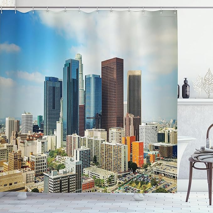 Ambesonne USA Shower Curtain, Los Angeles Cityscape on a Sunny Day Colorful Office High Rise Buildings Streets Scene, Cloth Fabric Bathroom Decor Set with Hooks, 69" W x 75" L, Blue Brown