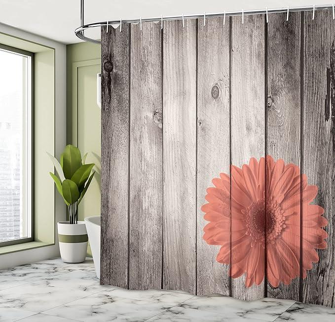 Ambesonne Rustic Shower Curtain, Flower Red Dahlia on Foreground of Murky Featured Dated Wooden Board Retro Art Print, Cloth Fabric Bathroom Decor Set with Hooks, 69" W x 70" L, Salmon