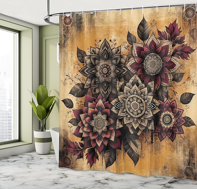Ambesonne Boho Floral Shower Curtain, Vintage Exotic Flowers Arrange on Rusty Weathered Old Wood Plank, Cloth Fabric Bathroom Decor Set with Hooks, 69" W x 84" L, Burgundy Marigold Dimgray