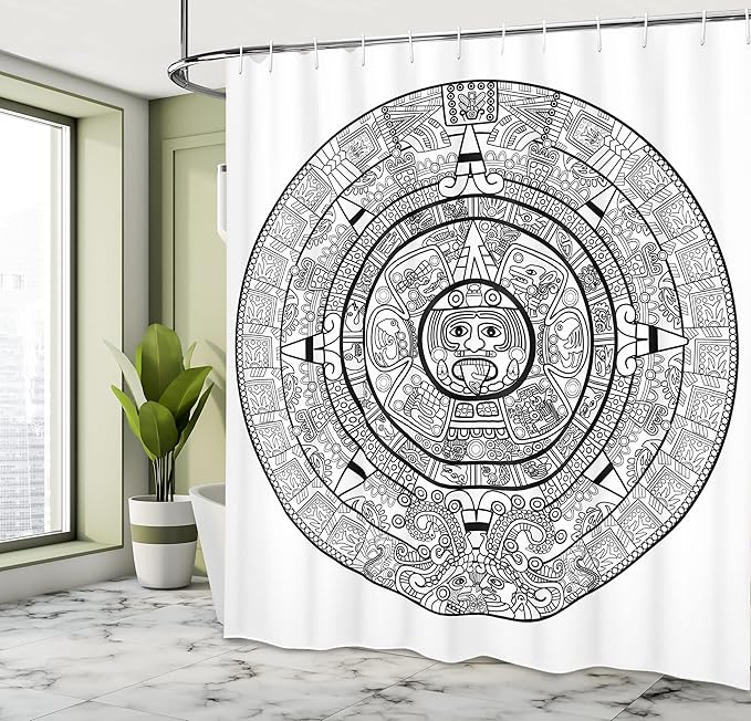 Ambesonne Mesoamerican Shower Curtain, Maya Calendar Accurate Antiquities Astrological Aztec Geometric Indigenous, Cloth Fabric Bathroom Decor Set with Hooks, 69" W x 70" L, Ivory Black