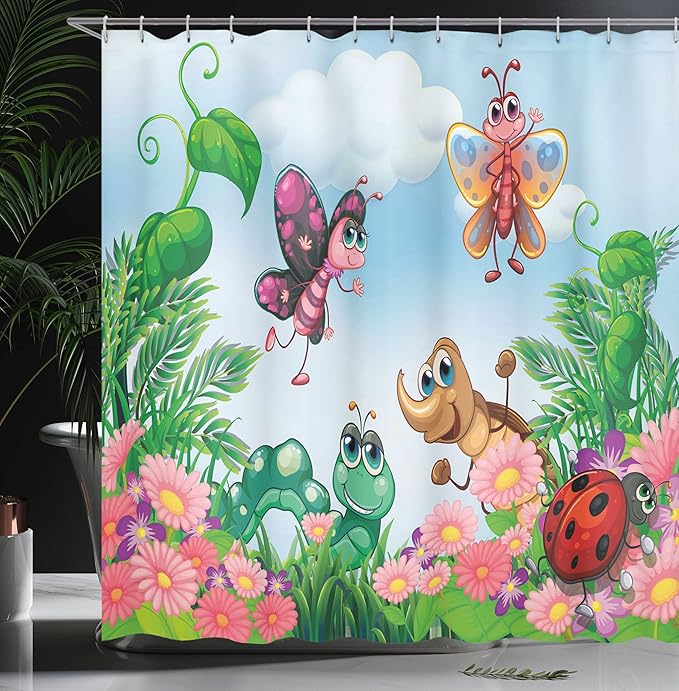 Ambesonne Garden Shower Curtain, Gardening Theme Illustration of Butterfly Ladybug Worm Flowers and Grass, Cloth Fabric Bathroom Decor Set with Hooks, 69" W x 70" L, Jade Green Fern Green