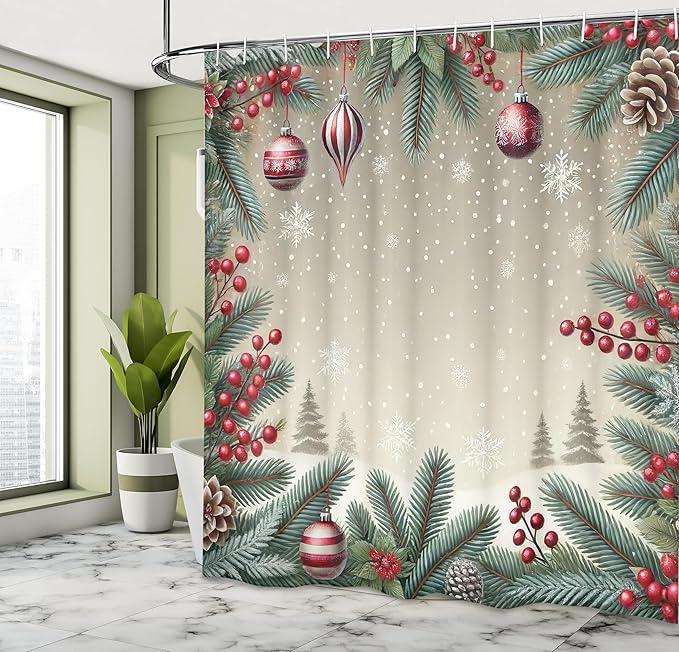 Ambesonne Christmas Shower Curtain, Happy Winter Pine Tree Leaves and Xmas Balls with Falling Snowflakes, Cloth Fabric Bathroom Decor Set with Hooks, 69" W x 84" L, Ruby Khaki Cadet Blue