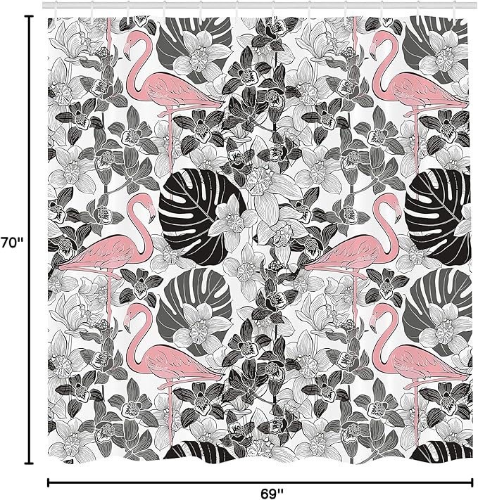 Ambesonne Flamingo Shower Curtain, Flamingos Pattern Leaves and Flowers Tropical Plants on The Background, Cloth Fabric Bathroom Decor Set with Hooks, 69" W x 70" L, Black Grey Pale Pink