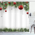 Ambesonne Christmas Shower Curtain, Classical Christmas Ornaments and Baubles Coniferous Pine Tree Twig Tinsel Print, Cloth Fabric Bathroom Decor Set with Hooks, 69" W x 70" L, Green Red