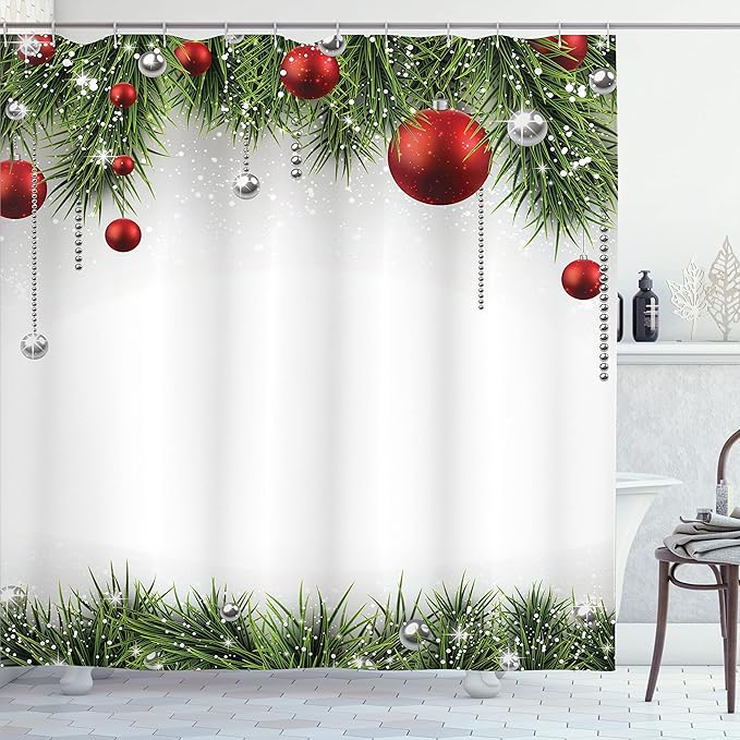 Ambesonne Christmas Shower Curtain, Classical Christmas Ornaments and Baubles Coniferous Pine Tree Twig Tinsel Print, Cloth Fabric Bathroom Decor Set with Hooks, 69" W x 84" L, Green Red
