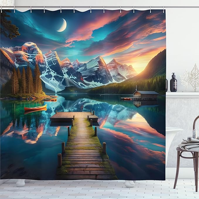Ambesonne Lake Shower Curtain, Weathered Mossy Wooden Pier Dramatic Cloudy Sky Crescent Moon Night Scenery, Cloth Fabric Bathroom Decor Set with Hooks, 69" W x 70" L, Coral Dark Turquoise