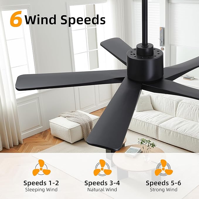 WINGBO 48" DC Ceiling Fan No Light - 5 Carved Solid Wood Blades, 6-Speed Reversible DC Motor, Ceiling Fan without Lights for Living Room Bedroom Kitchen Patio, Indoor and Outdoor, Matte Black