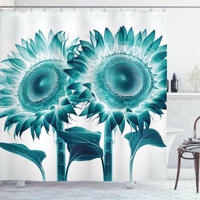 Ambesonne Teal Shower Curtain, Futurist Sunflowers Illustration with Dreamy Cyberworld Colors Fantasy, Cloth Fabric Bathroom Decor Set with Hooks, 69" W x 70" L, Seafoam Petrol Blue White