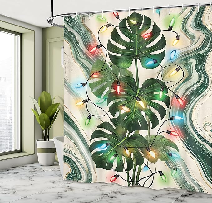 Ambesonne Christmas Shower Curtain, Colorful Xmas Ornaments with Monstera Leaves Art on Marble Print Back, Cloth Fabric Bathroom Decor Set with Hooks, 69" W x 84" L, Green Khaki Multicolor