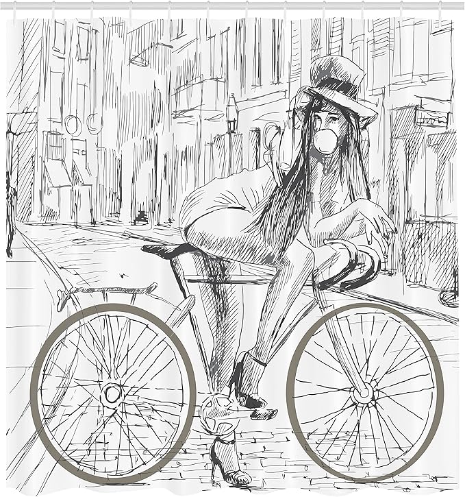Ambesonne Bicycle Shower Curtain, Outrageous Young Lady Chewing Gum on Her Bike on Street Sketchy Illustration, Cloth Fabric Bathroom Decor Set with Hooks, 69" W x 75" L, White Grey