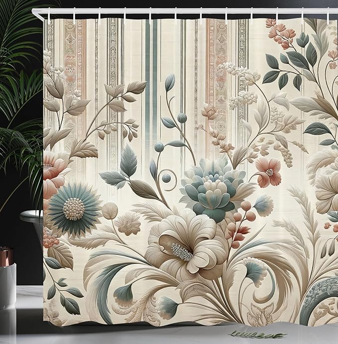 Ambesonne Vintage Shower Curtain, Nostalgic Delicate Flowers and Curling Leafy Details in Soft Colors, Cloth Fabric Bathroom Decor Set with Hooks, 69" W x 75" L, Eggshell Pale Slate Blue