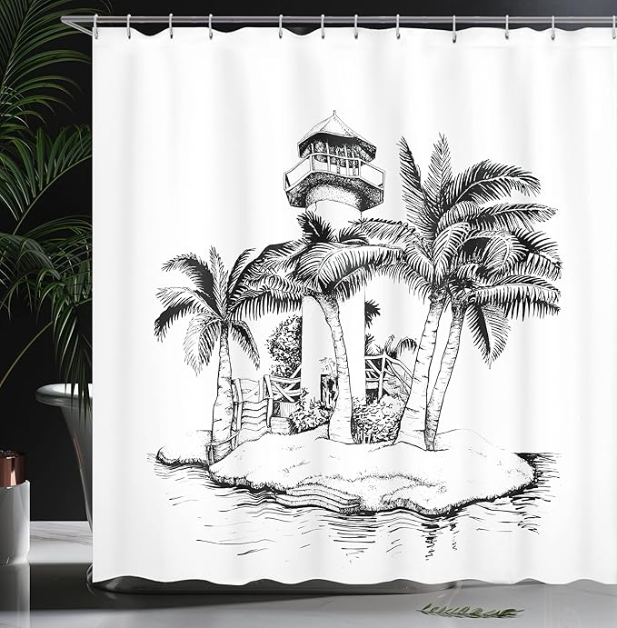 Ambesonne Tropical Shower Curtain, Lighthouse on Island Surrounded with Palm Trees Exotic Landscape Sketchy Artwork, Cloth Fabric Bathroom Decor Set with Hooks, 69" W x 84" L, Black and White