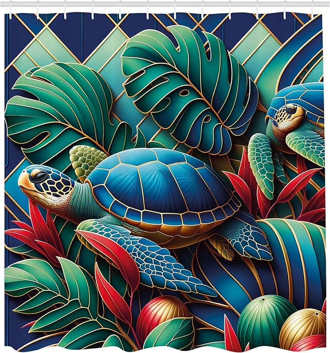Ambesonne Turtle Shower Curtain, Colorful Exotic Deep Sea Animals and Monstera Leaves Mosaic Style Print, Cloth Fabric Bathroom Decor Set with Hooks, 69" W x 70" L, Teal Vermilion and Blue