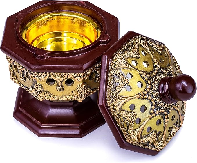 AM Lux Octagon Incense Burner – Charcoal Bakhoor, Cone & Frankincense Resin Holder | Mabkhara for Office, Spiritual Room & Islamic Gifts (Bronze)