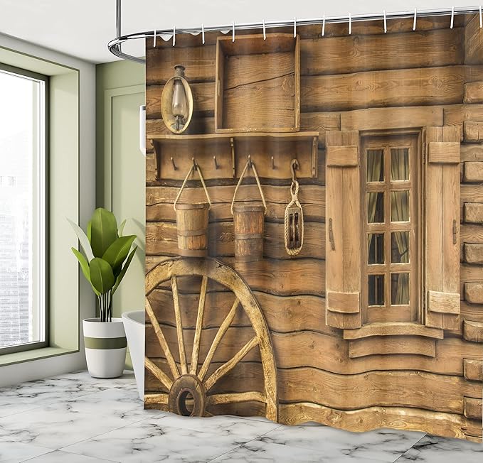 Ambesonne Western Shower Curtain, Old Wagon Wheel Next to Rustic Wooden House Vintage Window Buckets Cottage Print, Cloth Fabric Bathroom Decor Set with Hooks, 69" W x 75" L, Brown