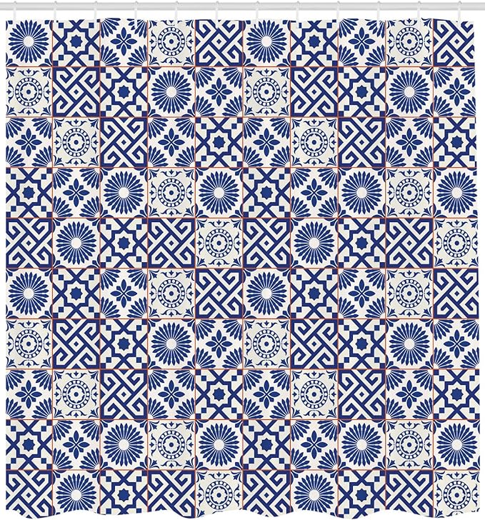 Ambesonne Moroccan Shower Curtain, Old Ottoman Style Inspired Mix of Moroccan Tiles in Modern Shades Art Print, Cloth Fabric Bathroom Decor Set with Hooks, 69" W x 84" L, Grey Blue