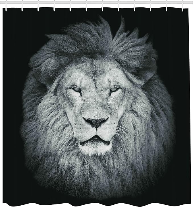 Ambesonne Savannah Shower Curtain, Huge Lion Head with Fure Mane Against Dark Background Monochromic, Cloth Fabric Bathroom Decor Set with Hooks, 69" W x 70" L, Green Grey