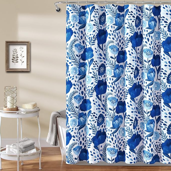 Lush Decor Poppy Garden Shower Curtain Single 72" W x 72" L Blue - Floral Shower Curtains for Bathroom - Colorful Bathroom Curtain - Cottage Core Decor