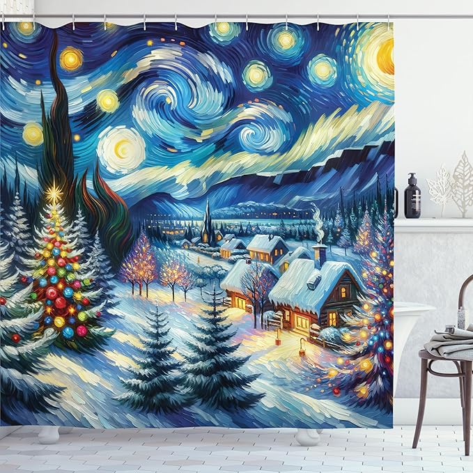 Ambesonne Christmas Shower Curtain, Starry Night with Snowy Roof Houses and Xmas Tress Paint Print, Cloth Fabric Bathroom Decor Set with Hooks, 69" W x 70" L, Blue Evergreen and Mustard