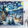 Ambesonne Christmas Shower Curtain, Starry Night with Snowy Roof Houses and Xmas Tress Paint Print, Cloth Fabric Bathroom Decor Set with Hooks, 69" W x 84" L, Blue Evergreen and Mustard