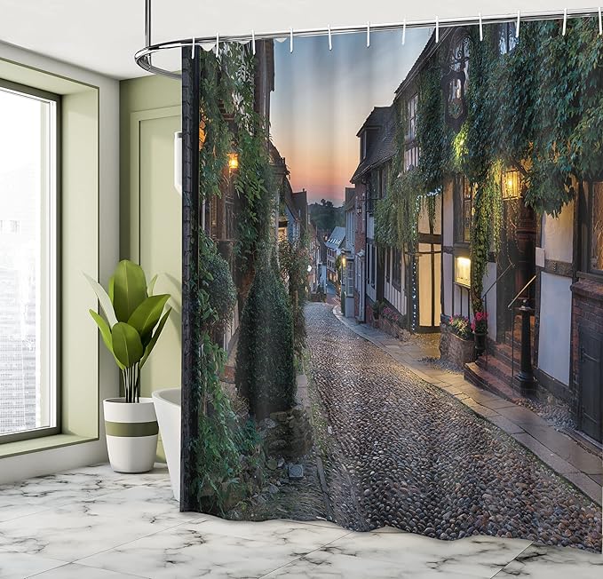 Ambesonne Scenery Shower Curtain, Nighttime on The Cobbles at Mermaid Street in East Sussex Cottages Houses, Cloth Fabric Bathroom Decor Set with Hooks, 69" W x 70" L, Blue Grey and Green