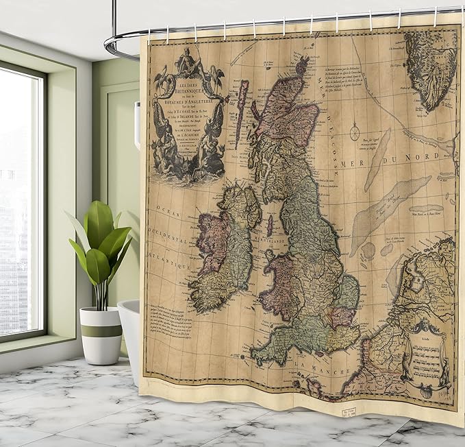 Ambesonne Scenery Shower Curtain, British Islands Scotland England European History Britain Grungy Art, Cloth Fabric Bathroom Decor Set with Hooks, 69" W x 84" L, Pale Brown Green and Pink