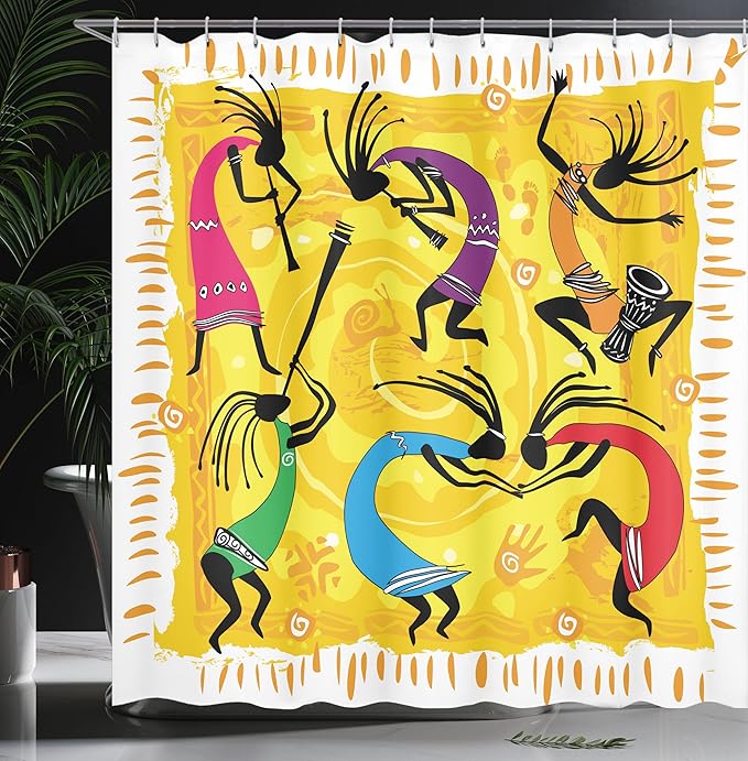 Lunarable EthnicShower Curtain, Dancing Playing Musical Instrumentss on Tribal Patterns Artwork, Cloth Fabric Bathroom Decor Set with Hooks, 69" W x 70" L, Purple Yellow
