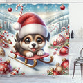 Ambesonne Christmas Shower Curtain, Dog with Santa Hat and Big Innocent Eyes Holiday Joy Snowy Mountains, Cloth Fabric Bathroom Decor Set with Hooks, 69" W x 84" L, Dark Pink Blue Brown