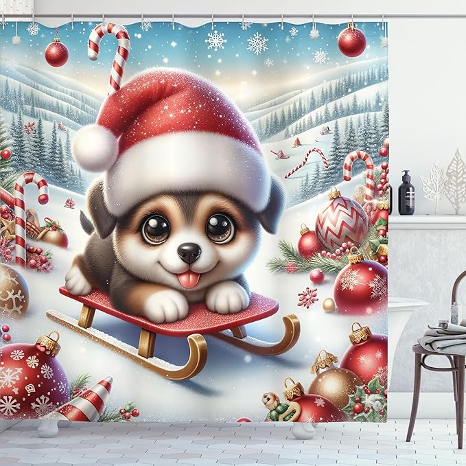 Ambesonne Christmas Shower Curtain, Dog with Santa Hat and Big Innocent Eyes Holiday Joy Snowy Mountains, Cloth Fabric Bathroom Decor Set with Hooks, 69" W x 84" L, Dark Pink Blue Brown