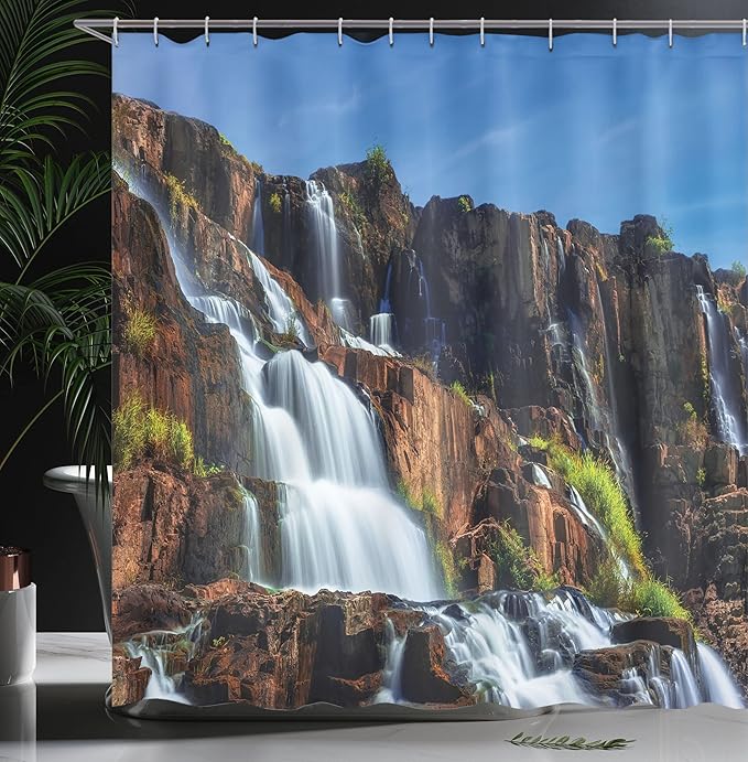 Ambesonne Rainforest Shower Curtain, Pongour Waterfall Exotic Natural Beauty Landscape Mountain Rocks Print, Cloth Fabric Bathroom Decor Set with Hooks, 69" W x 84" L, Ecru Blue