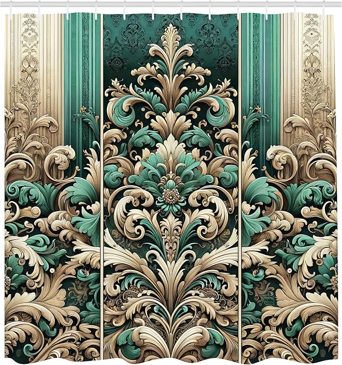 Ambesonne Damask Shower Curtain, Vintage Swirls and Curlicue Design Boho Nostalgic Oriental Influences, Cloth Fabric Bathroom Decor Set with Hooks, 69" W x 75" L, Teal Beige and Pale Brown