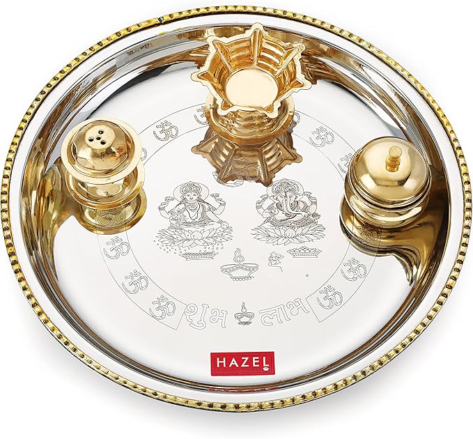 HAZEL Stainless Steel Puja Pooja Aarti Thali Set, 22 cm with 1 Pc Diva, Agarbatti Incense Holder and Kumkum Wati, Silver