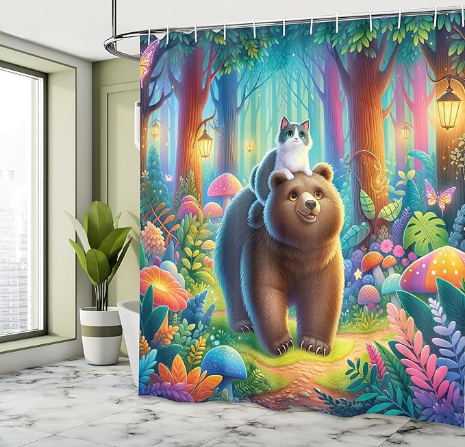 Ambesonne Funny Shower Curtain, Rave Colors of Fantasy Woodland Scenario Peaceful Cat and Bear Friends Happy, Cloth Fabric Bathroom Decor Set with Hooks, 69" W x 75" L, Caramel Multicolor