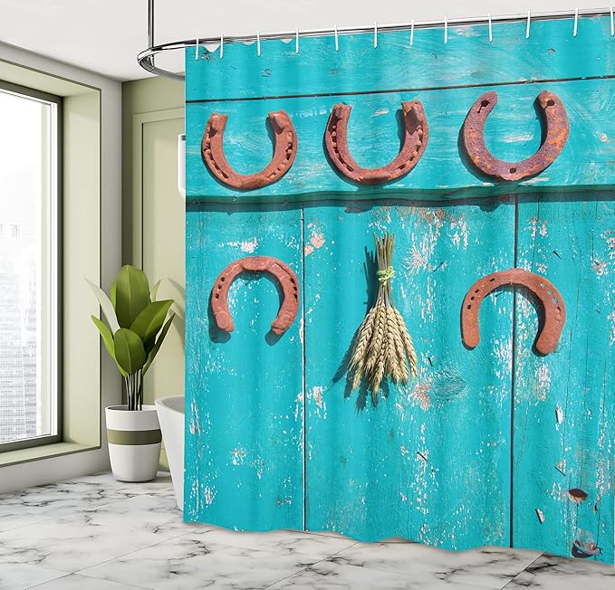 Ambesonne Western Shower Curtain, 5 Antique Rusty Luck Horseshoe and Wheat Ears Bunch Picture, Cloth Fabric Bathroom Decor Set with Hooks, 69" W x 75" L, Turquoise and Brown