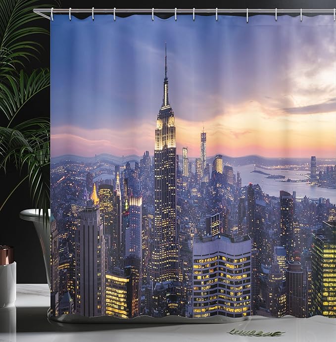 Ambesonne Modern Shower Curtain, New York City Skyline with Skyscrapers at Sunset Night American Urban Life Image, Cloth Fabric Bathroom Decor Set with Hooks, 69" W x 70" L, Orange Blue