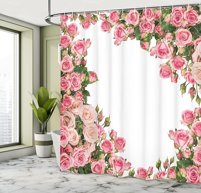 Ambesonne Rose Shower Curtain, Flower Bushes Frame Bridal Themed Elements Park Summer Occasions Illustration, Cloth Fabric Bathroom Decor Set with Hooks, 69" W x 70" L, Pink Green White
