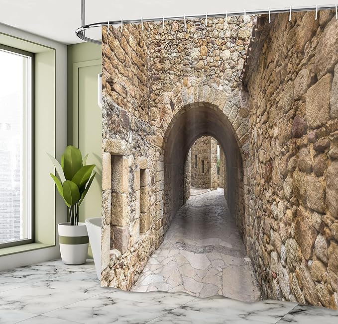 Ambesonne Vintage Shower Curtain, Medieval Historic Street with Stone Walls in Pals Girona Catalonia Spain Picture, Cloth Fabric Bathroom Decor Set with Hooks, 69" W x 70" L, Beige