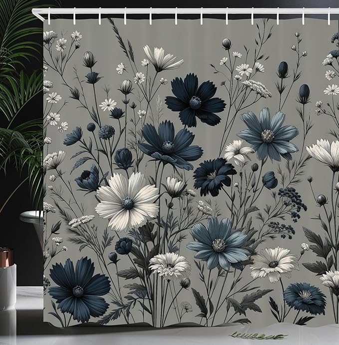 Ambesonne Navy Blue Shower Curtain, Spring Night Cottagecore Vintage Style Floral Arrange Wildflowers, Cloth Fabric Bathroom Decor Set with Hooks, 69" W x 70" L, Coconut Dark Petrol Blue
