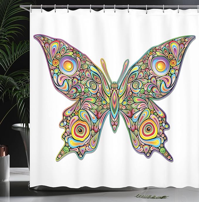 Ambesonne Butterflies Shower Curtain, Butterfly Psychedelic Design Spirals Wildlife Eyes Pattern, Cloth Fabric Bathroom Decor Set with Hooks, 69" W x 70" L, Green Pink
