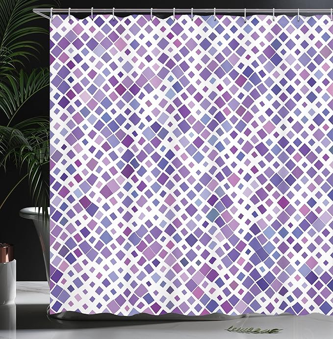 Ambesonne Lavender Shower Curtain, Retro Mosaic Creative Pattern Square Rhythm Abstract Art Print Design, Cloth Fabric Bathroom Decor Set with Hooks, 69" W x 84" L, Violet Purple