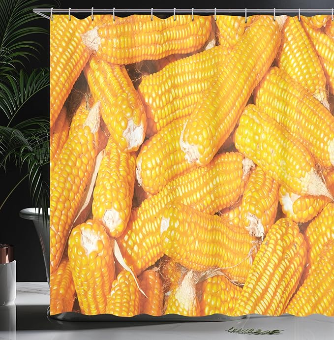 Ambesonne Autunm Shower Curtain, Harvest Themed Top View Photo of Corns Food Ingredient Fall Closeup Picture, Cloth Fabric Bathroom Decor Set with Hooks, 69" W x 70" L, Earth Yellow