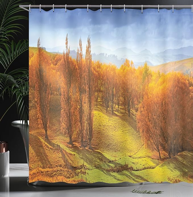 Ambesonne Autumn Shower Curtain, Sunrise in Autumn in New Zealand Leaves Forest Foliage Hillside View, Cloth Fabric Bathroom Decor Set with Hooks, 69" W X 70" L, Orange Apple Green Blue