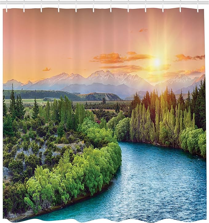 Ambesonne Eastern Shower Curtain, Sunset Over Bend of The River Clutha Alps Peaks on Horizon New Zealand, Cloth Fabric Bathroom Decor Set with Hooks, 69" W x 70" L, Apple Green