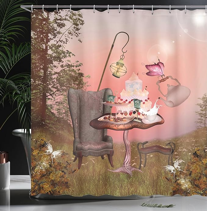 Ambesonne Surrealistic Shower Curtain, Birthday Alice in Wonderland with Cake Butterfly in Forest Cartoon Art, Cloth Fabric Bathroom Decor Set with Hooks, 69" W x 84" L, Pale Coral