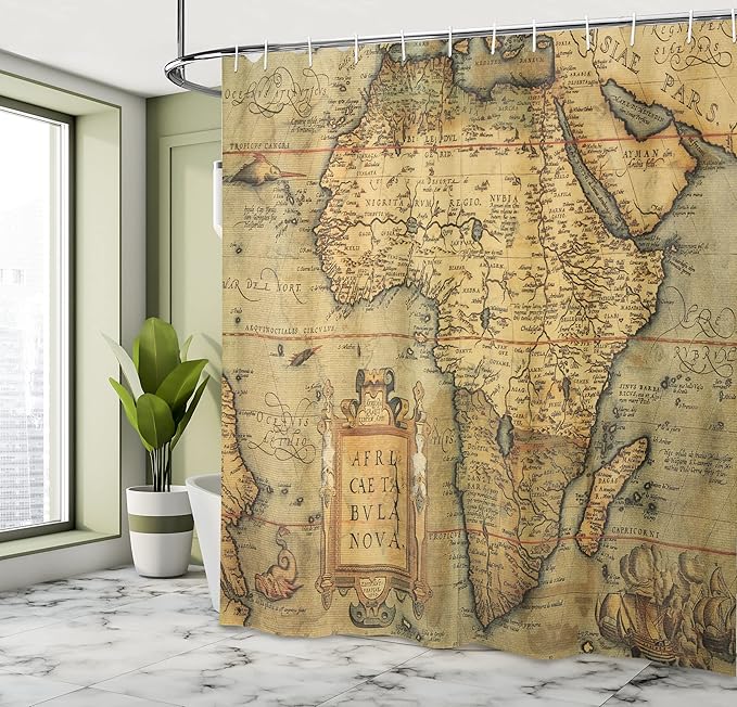 Ambesonne Map Print Shower Curtain, 16th Century Map of Africa Engraved by Cartographer Abraham Ortelius, Cloth Fabric Bathroom Decor Set with Hooks, 69" W x 70" L, Army Green Pale Brown