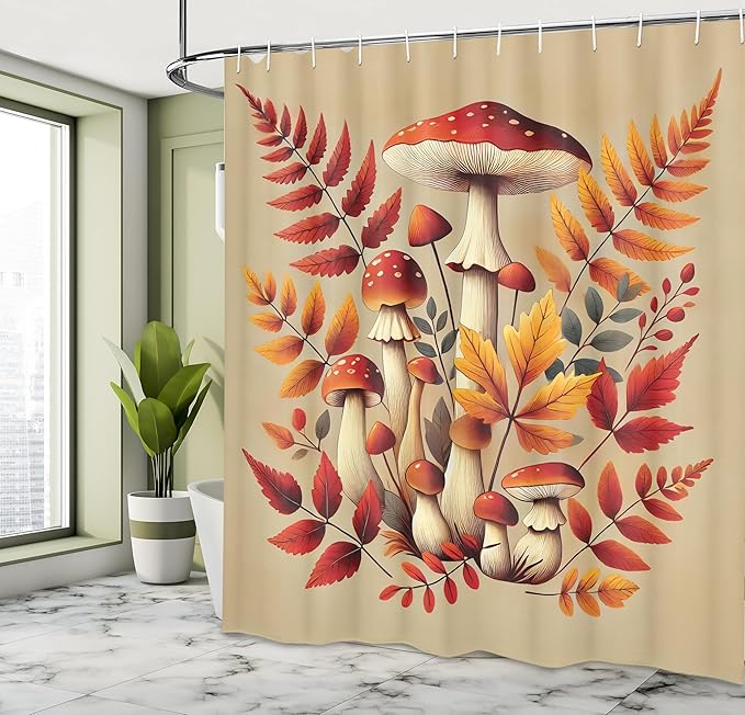Ambesonne Fall Shower Curtain, Mushrooms and Autumn Leaves on Dark Tan Background Warm Woodland Colors, Cloth Fabric Bathroom Decor Set with Hooks, 69" W x 70" L, Vermilion and Marigold