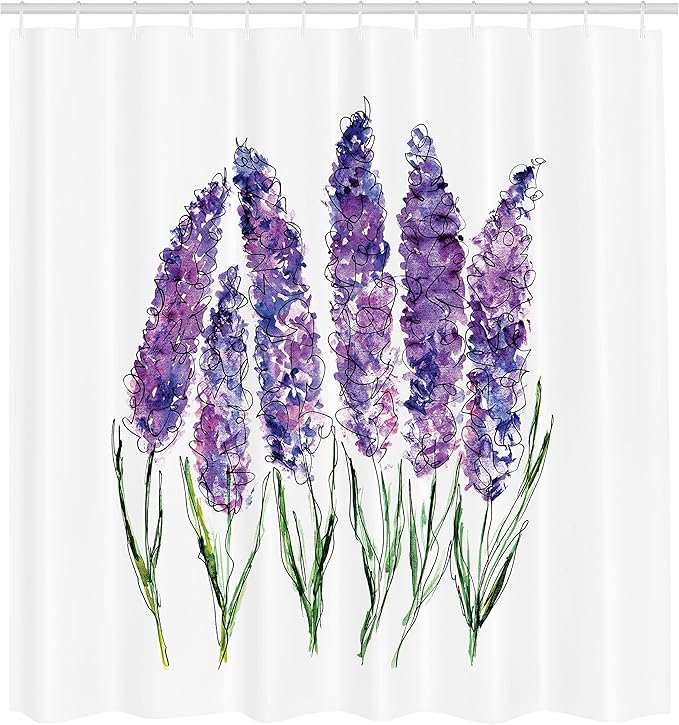 Ambesonne Watercolor Flower Shower Curtain,an Illustration of Lavender Blossoms with Fresh Colors of a Mint Family Plant Work of Art, Cloth Fabric Bathroom Set with Hooks, 69" W x 70" L, Violet White