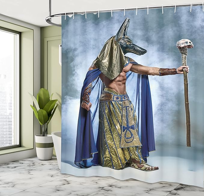 Ambesonne Egyptian Print Shower Curtain, Pharaoh with of Anubis Foggy Background, Cloth Fabric Bathroom Decor Set with Hooks, 69" W x 75" L, Mustard Dimgrey